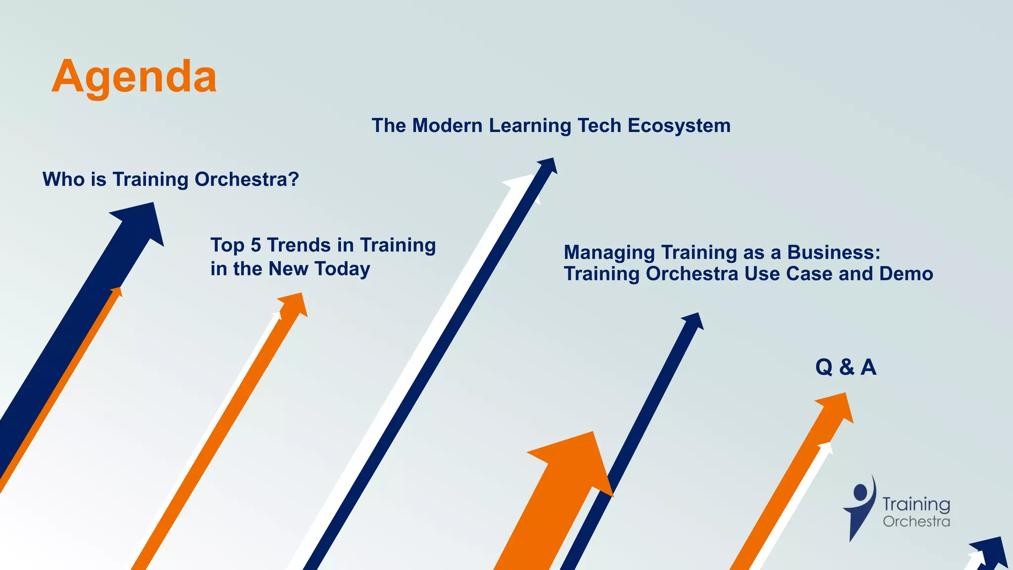Agenda
Top 5 Trends in Training
in the New Today
Who is Training Orchestra?
Q & A
Managing Training as a Business:
Training Orchestra Use Case and Demo
The Modern Learning Tech Ecosystem
 