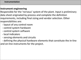Instrumentation
Instrument engineering
Responsible for the ‘nervous’ system of the plant. Input is preliminary
data sheet originated by process and complete the definition
requirements, including final sizing and vendor selection. Other
responsibilities are:
- layout of any control room
- control system hardware
- control system software
- local indicators
- sensing elements and circuits
- defining the physical hardware elements that constitute the in-line
and on-line instruments for the project.
 