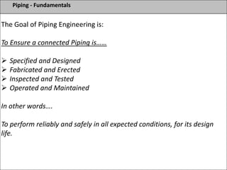 Piping - Fundamentals
The Goal of Piping Engineering is:
To Ensure a connected Piping is……
 Specified and Designed
 Fabricated and Erected
 Inspected and Tested
 Operated and Maintained
In other words….
To perform reliably and safely in all expected conditions, for its design
life.
 