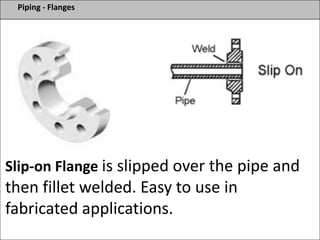 Piping - Flanges
Slip-on Flange is slipped over the pipe and
then fillet welded. Easy to use in
fabricated applications.
 