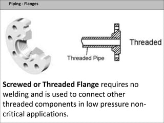 Piping - Flanges
Screwed or Threaded Flange requires no
welding and is used to connect other
threaded components in low pressure non-
critical applications.
 