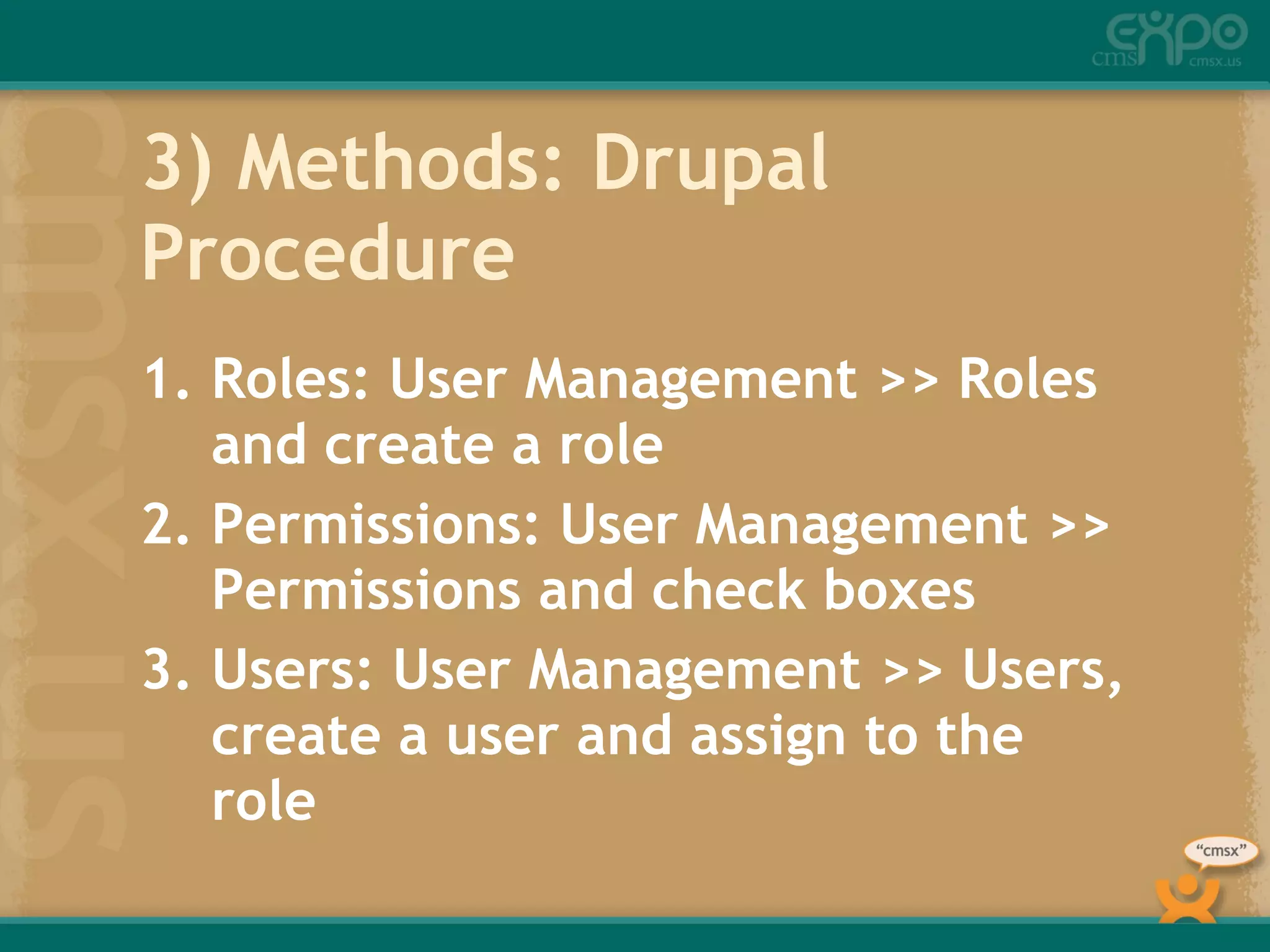 3) Methods: Drupal Procedure Roles: User Management >> Roles and create a role Permissions: User Management >> Permissions and check boxes Users: User Management >> Users, create a user and assign to the role 