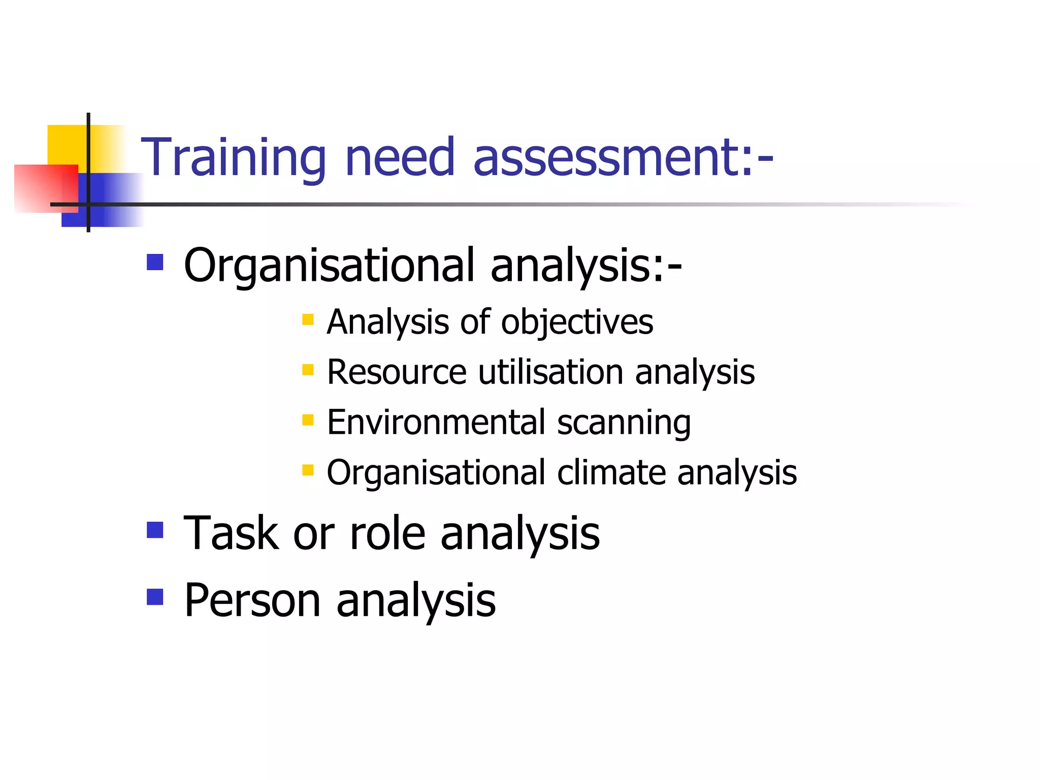Training need assessment:- Organisational analysis:- Analysis of objectives Resource utilisation analysis Environmental scanning Organisational climate analysis Task or role analysis Person analysis 