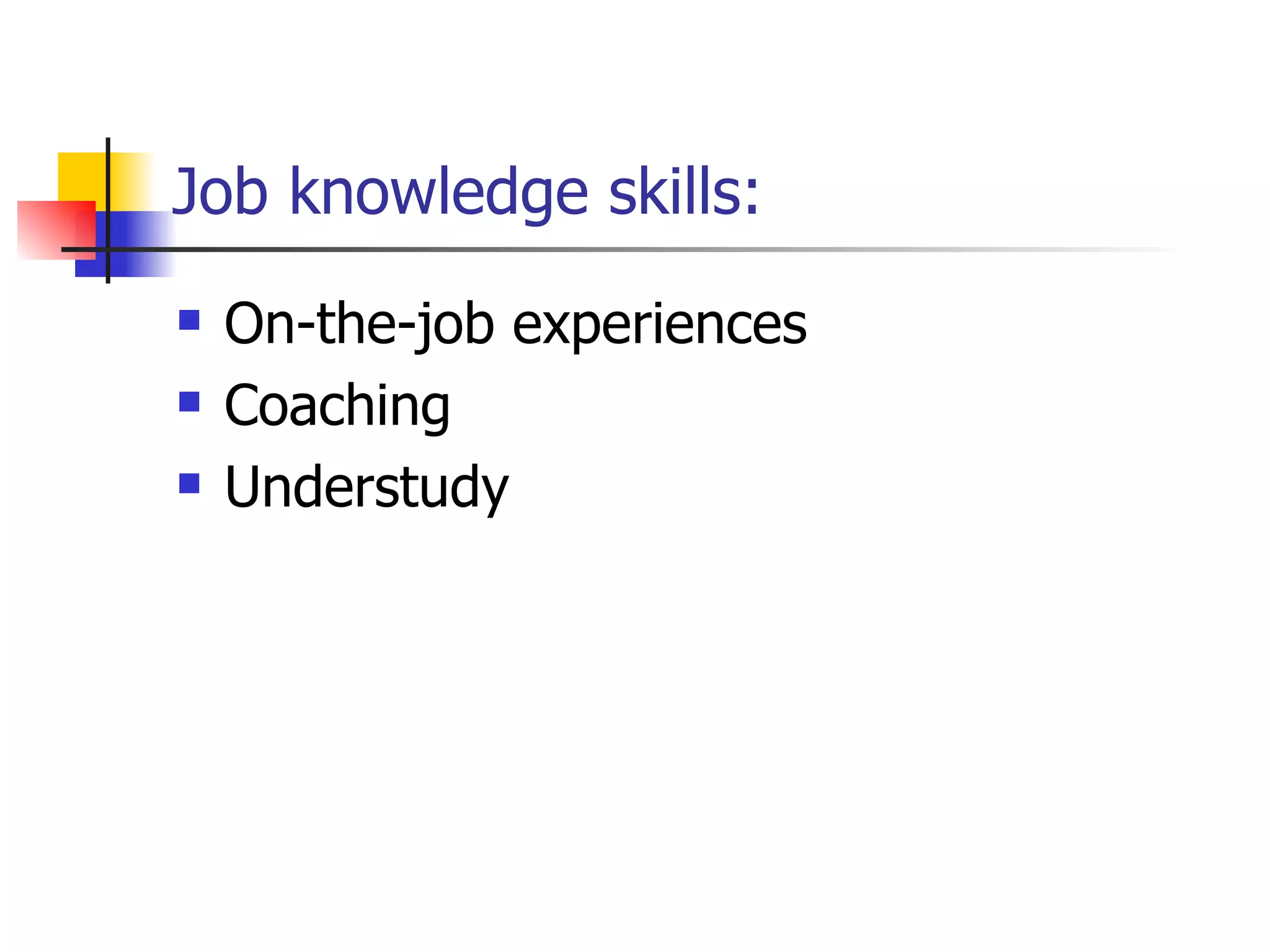 Job knowledge skills: On-the-job experiences Coaching Understudy 