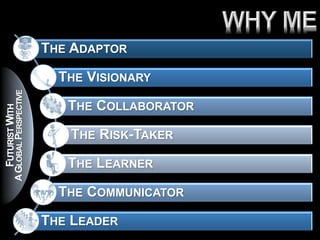 THE ADAPTOR

                                    THE VISIONARY
           A GLOBAL PERSPECTIVE




                                     THE COLLABORATOR
FUTURIST WITH




                                     THE RISK-TAKER

                                     THE LEARNER

                                    THE COMMUNICATOR

                                  THE LEADER
 
