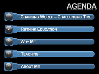 1   CHANGING WORLD – CHALLENGING TIME

2   RETHINK EDUCATION

3   WHY ME

4   TEACHING

5   ABOUT ME
 