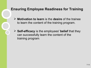 Ensuring Employee Readiness for Training
 Motivation to learn is the desire of the trainee
to learn the content of the training program.
 Self-efficacy is the employees' belief that they
can successfully learn the content of the
training program.
7-13
 