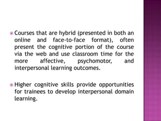 Coursesthat are hybrid (presented in both an
 online and face-to-face format), often
 present the cognitive portion of the course
 via the web and use classroom time for the
 more      affective,    psychomotor,      and
 interpersonal learning outcomes.

 Higher cognitive skills provide opportunities
 for trainees to develop interpersonal domain
 learning.
 