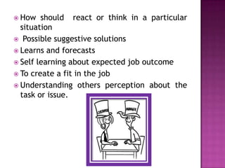  How   should react or think in a particular
  situation
 Possible suggestive solutions
 Learns and forecasts
 Self learning about expected job outcome
 To create a fit in the job
 Understanding others perception about the
  task or issue.
 