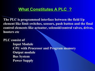 What Constitutes A PLC ?What Constitutes A PLC ?
The PLC is programmed interface between the field I/p
element like limit switches, sensors, push button and the final
control elements like actuator, solenoid/control valves, drives,
hooters etc
PLC consist of
Input Module
CPU with Processor and Program memory
Output module
Bus System
Power Supply
 