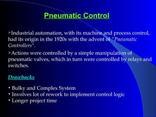 Pneumatic ControlPneumatic Control
Industrial automation, with its machine and process control,
had its origin in the 1920s with the advent of "Pneumatic
Controllers".
Actions were controlled by a simple manipulation of
pneumatic valves, which in turn were controlled by relays and
switches.
Drawbacks
• Bulky and Complex System
• Involves lot of rework to implement control logic
• Longer project time
 