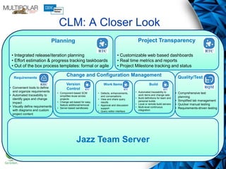 CLM: A Closer Look
Jazz Team Server
Requirements Quality/Test
Planning
• Integrated release/iteration planning
• Effort estimation & progress tracking taskboards
• Out of the box process templates: formal or agile
Project Transparency
• Customizable web based dashboards
• Real time metrics and reports
• Project Milestone tracking and status
BuildWork Items
• Component-based SCM
simplifies reuse across
projects
• Change set-based for easy
feature additional/removal
• Server-based sandboxes
• Defects, enhancements,
and conversations
• View and share query
results
• Approval and discussion
support
• Query editor interface
• Automated traceability to
work items and change sets
• Build definitions for team and
personal builds
• Local or remote build servers
• Multi-level continuous
integration
• Convenient tools to define
and organize requirements
• Automated traceability to
identify gaps and change
impact
• Visually define requirements
with diagrams and custom
project content
• Comprehensive test
planning
• Simplified lab management
• Quicker manual testing
• Requirements-driven testing
Change and Configuration Management
Version
Control
 