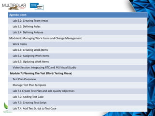 Agenda -cont-
Lab 5.2: Creating Team Areas
Lab 5.3: Defining Roles
Lab 5.4: Defining Release
Module 6: Managing Work Items and Change Management
Work Items
Lab 6.1: Creating Work Items
Lab 6.2: Assigning Work Items
Lab 6.3: Updating Work Items
Video Session: Integrating RTC and MS Visual Studio
Module 7: Planning The Test Effort (Testing Phase)
Test Plan Overview
Manage Test Plan Template
Lab 7.1 Create Test Plan and add quality objectives
Lab 7.2: Adding Test Case
Lab 7.3: Creating Test Script
Lab 7.4: Add Test Script to Test Case
 