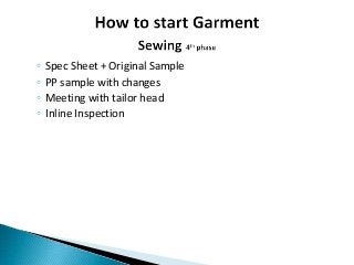 ◦ Spec Sheet + Original Sample
◦ PP sample with changes
◦ Meeting with tailor head
◦ Inline Inspection
 