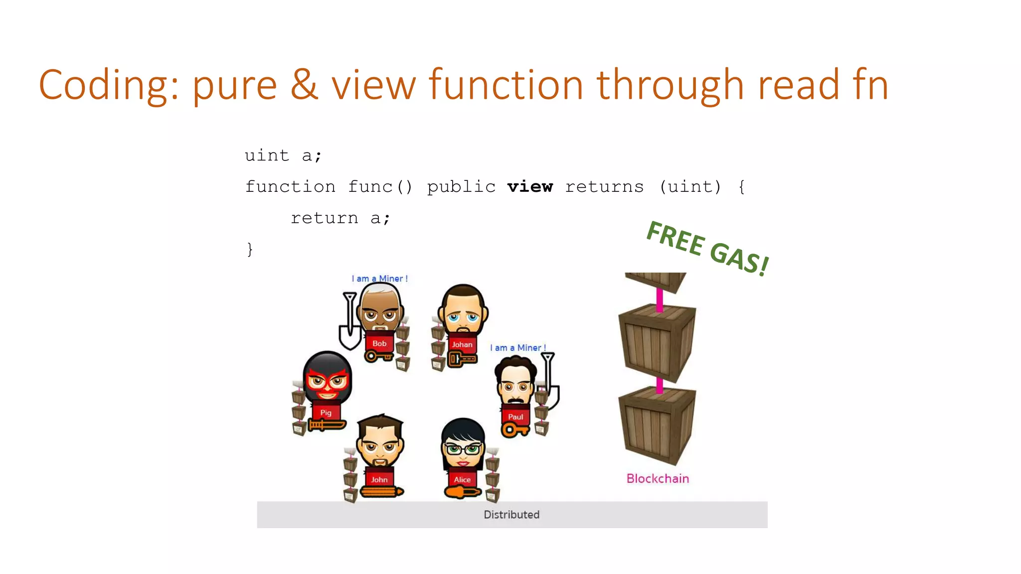 Coding: pure & view function through read fn
uint a;
function func() public view returns (uint) {
return a;
}
 