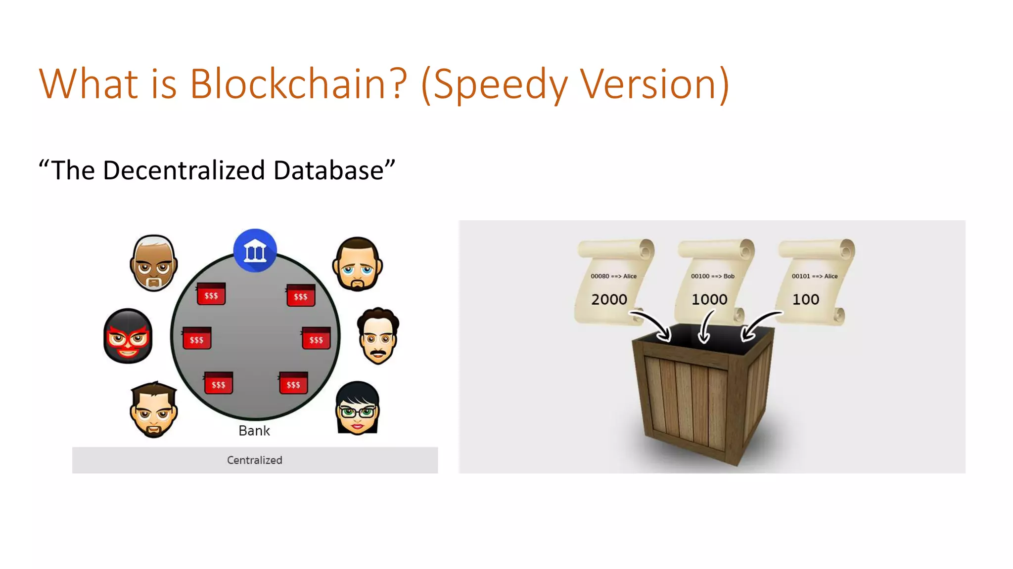 What is Blockchain? (Speedy Version)
“The Decentralized Database”
 