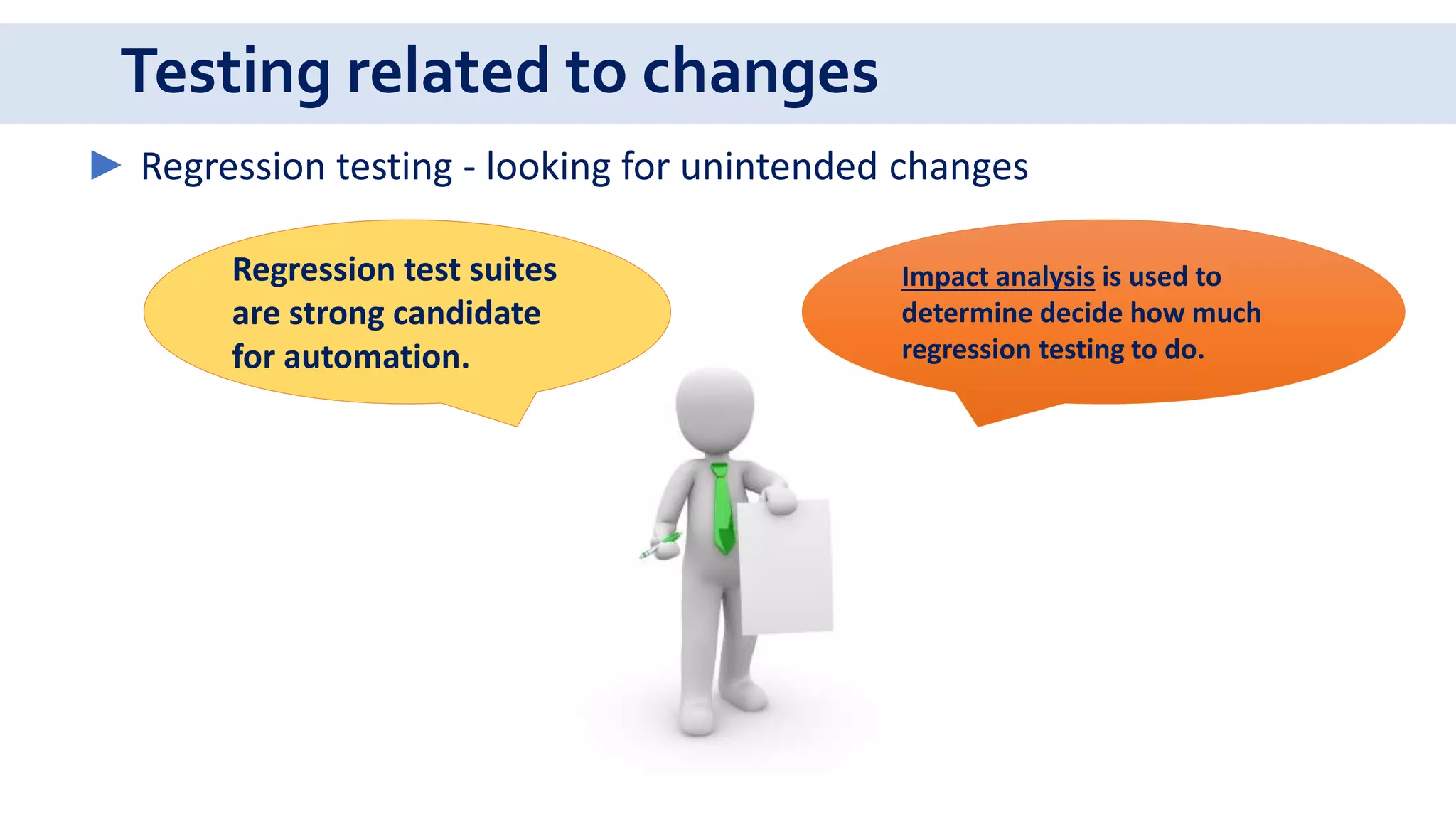 Testing related to changes
► Regression testing - looking for unintended changes
Impact analysis is used to
determine decide how much
regression testing to do.
Regression test suites
are strong candidate
for automation.
 