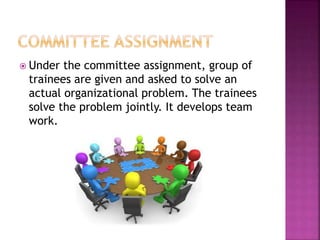  Under the committee assignment, group of
trainees are given and asked to solve an
actual organizational problem. The trainees
solve the problem jointly. It develops team
work.
 
