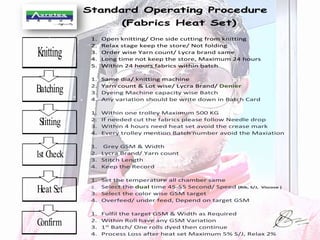 Standard Operating Procedure
(Fabrics Heat Set)
1. Open knitting/ One side cutting from knitting
2. Relax stage keep the store/ Not folding
3. Order wise Yarn count/ Lycra brand same
4. Long time not keep the store, Maximum 24 hours
5. Within 24 hours fabrics within batch
1. Same dia/ knitting machine
2. Yarn count & Lot wise/ Lycra Brand/ Denier
3. Dyeing Machine capacity wise Batch
4. Any variation should be write down in Batch Card
1. Within one trolley Maximum 500 KG
2. If needed cut the fabrics please follow Needle drop
3. Within 4 hours need heat set avoid the crease mark
4. Every trolley mention Batch number avoid the Maxiation
1. Grey GSM & Width
2. Lycra Brand/ Yarn count
3. Stitch Length
4. Keep the Record
1. Set the temperature all chamber same
2. Select the dual time 45-55 Second/ Speed (Rib, S/J, Viscose )
3. Select the color wise GSM target
4. Overfeed/ under feed, Depend on target GSM
1. Fulfil the target GSM & Width as Required
2. Within Roll have any GSM Variation
3. 1st
Batch/ One rolls dyed then continue
4. Process Loss after heat set Maximum 5% S/J, Relax 2%
Knitting
Batching
Slitting
1st Check
Heat Set
Confirm
 