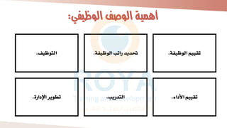 ‫الوظيفي‬ ‫الوصف‬ ‫أهمية‬
:
‫الوظيفة‬ ‫تقييم‬
.
‫الوظيفة‬ ‫راتب‬ ‫حتديد‬
.
‫التوظيف‬
.
‫اء‬ ‫األ‬ ‫تقييم‬
.
‫التدريب‬
.
‫ارة‬ ‫اإل‬ ‫وير‬ ‫ت‬
.
 