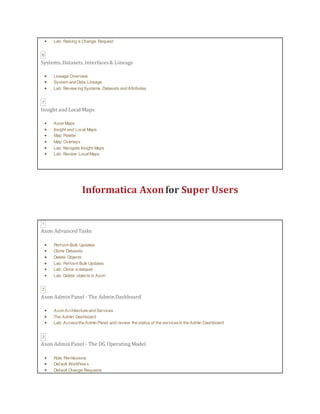  Lab: Raising a Change Request
6
Systems,Datasets,Interfaces& Lineage
 Lineage Overview
 System and Data Lineage
 Lab: Review ing Systems, Datasets and Attributes
7
Insight and Local Maps
 Axon Maps
 Insight and Local Maps
 Map Palette
 Map Overlays
 Lab: Navigate Insight Maps
 Lab: Review LocalMaps
Informatica Axonfor Super Users
1
Axon Advanced Tasks
 Perform Bulk Updates
 Clone Datasets
 Delete Objects
 Lab: Perform Bulk Updates
 Lab: Clone a dataset
 Lab: Delete objects in Axon
2
Axon Admin Panel - The Admin Dashboard
 Axon Architecture and Services
 The Admin Dashboard
 Lab: Accessthe Admin Panel and review the status of the servicesin the Admin Dashboard
3
Axon Admin Panel - The DG OperatingModel
 Role Permissions
 Default Workflow s
 Default Change Requests
 