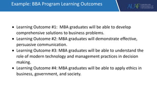  Learning Outcome #1: MBA graduates will be able to develop
comprehensive solutions to business problems.
 Learning Outcome #2: MBA graduates will demonstrate effective,
persuasive communication.
 Learning Outcome #3: MBA graduates will be able to understand the
role of modern technology and management practices in decision
making.
 Learning Outcome #4: MBA graduates will be able to apply ethics in
business, government, and society.
Example: BBA Program Learning Outcomes
 