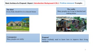 19
Basic Sections of a Proposal/ Report / Introduction/ Background /CH-1 / Problem statement/ Examples
The ideal
Every body should live in a descent house
The reality
Many peoples are living in thatched and
leaking house
Consequence
Many peoples are sickly.
Proposal
Hence everbody need to know how to improve their living
standards
 