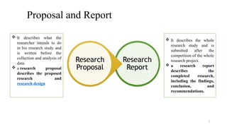 3
 It describes what the
researcher intends to do
in his research study and
is written before the
collection and analysis of
data.
 a research proposal
describes the proposed
research and
research design
 It describes the whole
research study and is
submitted after the
competition of the whole
research project.
 a research report
describes the
completed research,
including the findings,
conclusion, and
recommendations.
Proposal and Report
 