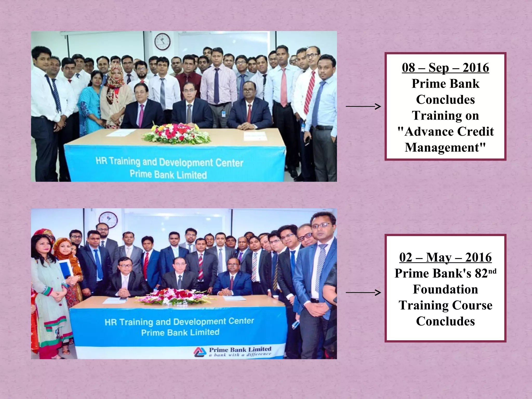 08 – Sep – 2016
Prime Bank
Concludes
Training on
"Advance Credit
Management"
02 – May – 2016
Prime Bank's 82nd
Foundation
Training Course
Concludes
 