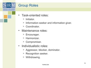 Group Roles
• Task-oriented roles:
> Initiator.
> Information seeker and information giver.
> Coordinator.
• Maintenance roles:
> Encourager.
> Harmonizer.
> Compromiser.
• Individualistic roles:
> Aggressor, blocker, dominator.
> Recognition seeker.
> Withdrawing.
©
SHRM 2009
10
 