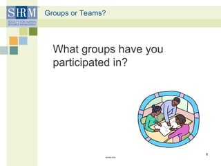 Groups or Teams?
What groups have you
participated in?
©SHRM 2009
8
 