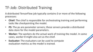 TF-Job: Distributed Training
A distributed TensorFlow job typically contains 0 or more of the following
processes:
• Chief...