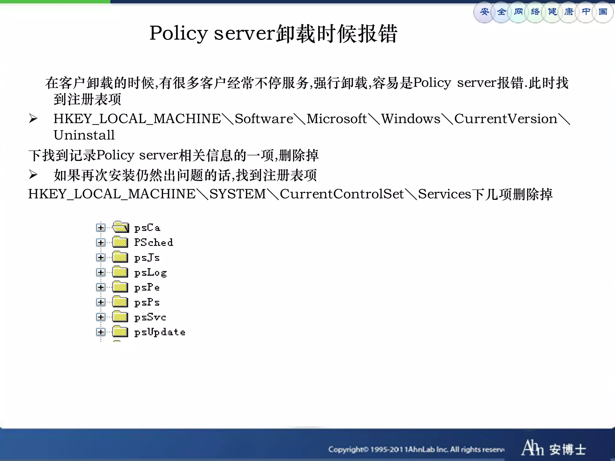 安 全 网 络 健 康 中 国

              Policy server卸载时候报错

  在客户卸载的时候,有很多客户经常不停服务,强行卸载,容易是Policy server报错.此时找
   到注册表项
 HKEY_LOCAL_MACHINE＼Software＼Microsoft＼Windows＼CurrentVersion＼
   Uninstall
下找到记录Policy server相关信息的一项,删除掉
 如果再次安装仍然出问题的话,找到注册表项
HKEY_LOCAL_MACHINE＼SYSTEM＼CurrentControlSet＼Services下几项删除掉
 