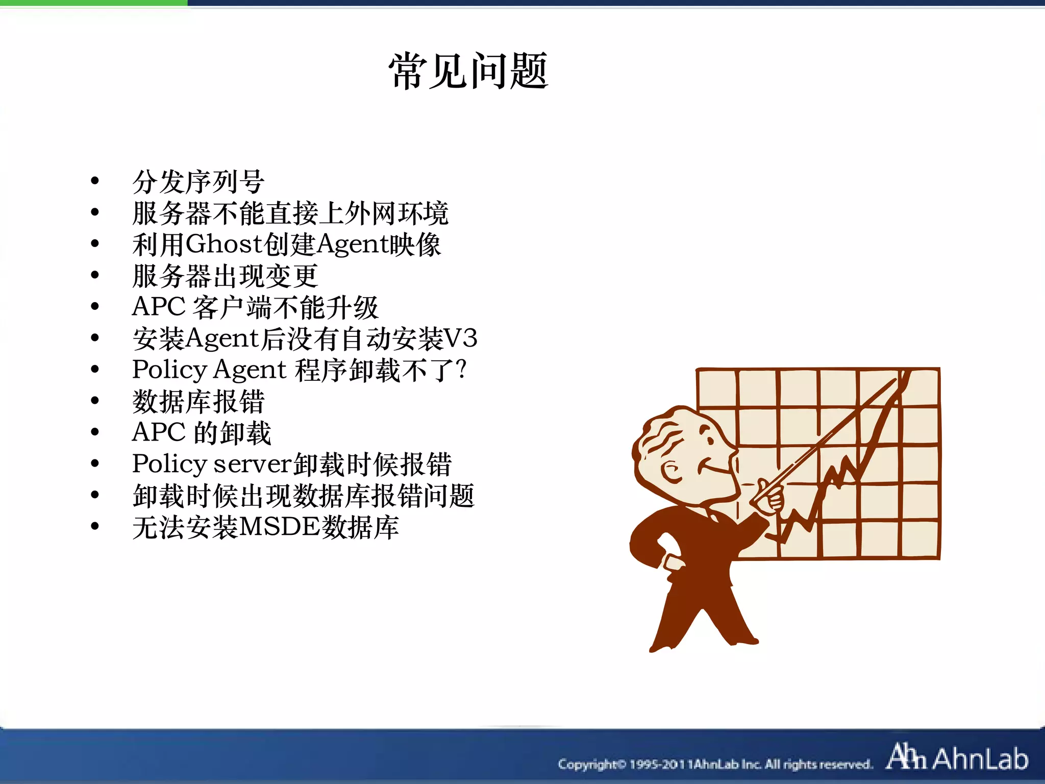 常见问题

•   分发序列号
•   服务器不能直接上外网环境
•   利用Ghost创建Agent映像
•   服务器出现变更
•   APC 客户端不能升级
•   安装Agent后没有自动安装V3
•   Policy Agent 程序卸载不了？
•   数据库报错
•   APC 的卸载
•   Policy server卸载时候报错
•   卸载时候出现数据库报错问题
•   无法安装MSDE数据库
 