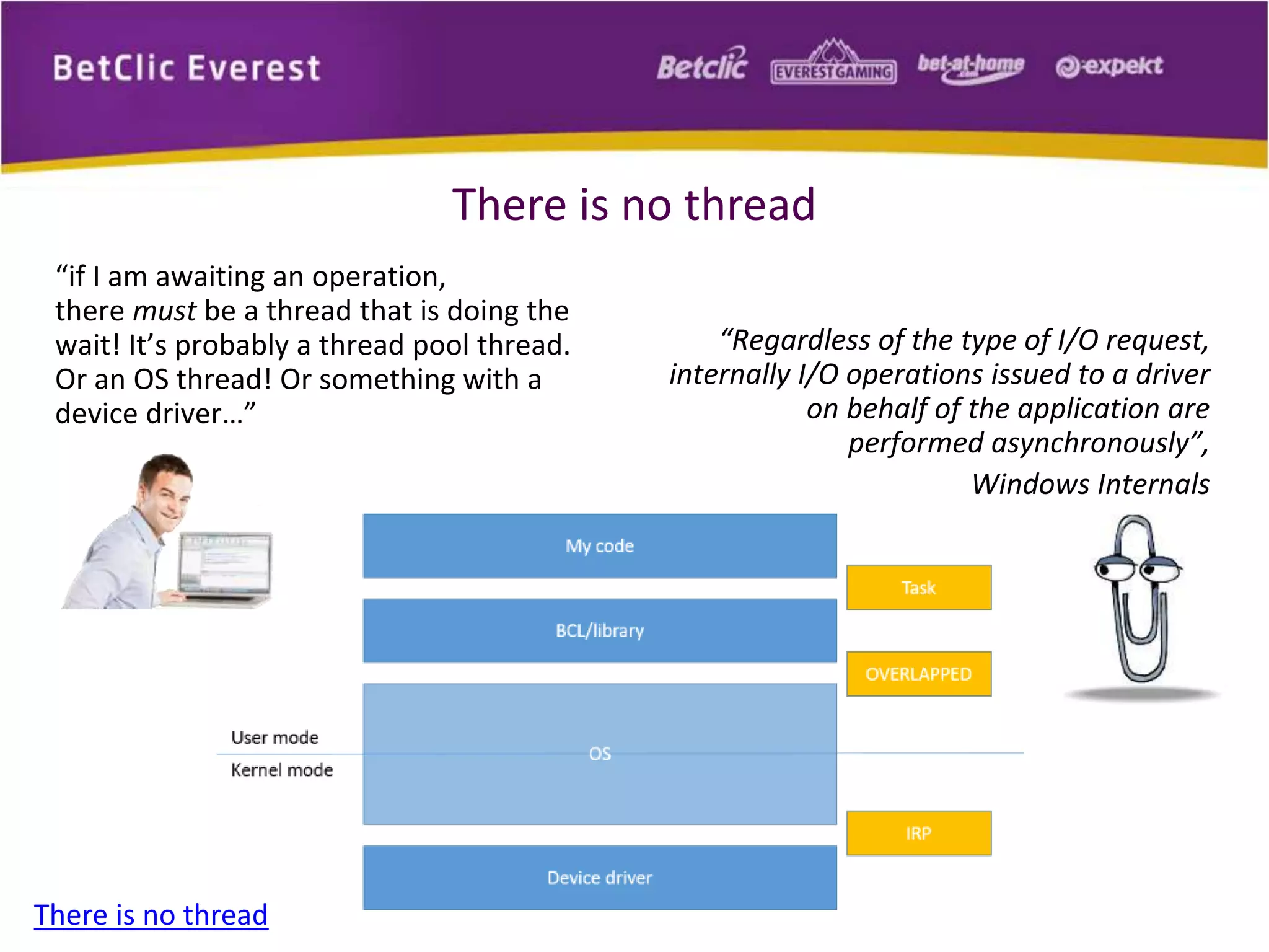 There is no thread 
“if I am awaiting an operation, 
there must be a thread that is doing the 
wait! It’s probably a thread pool thread. 
Or an OS thread! Or something with a 
device driver…” 
There is no thread 
“Regardless of the type of I/O request, 
internally I/O operations issued to a driver 
on behalf of the application are 
performed asynchronously”, 
Windows Internals 
 