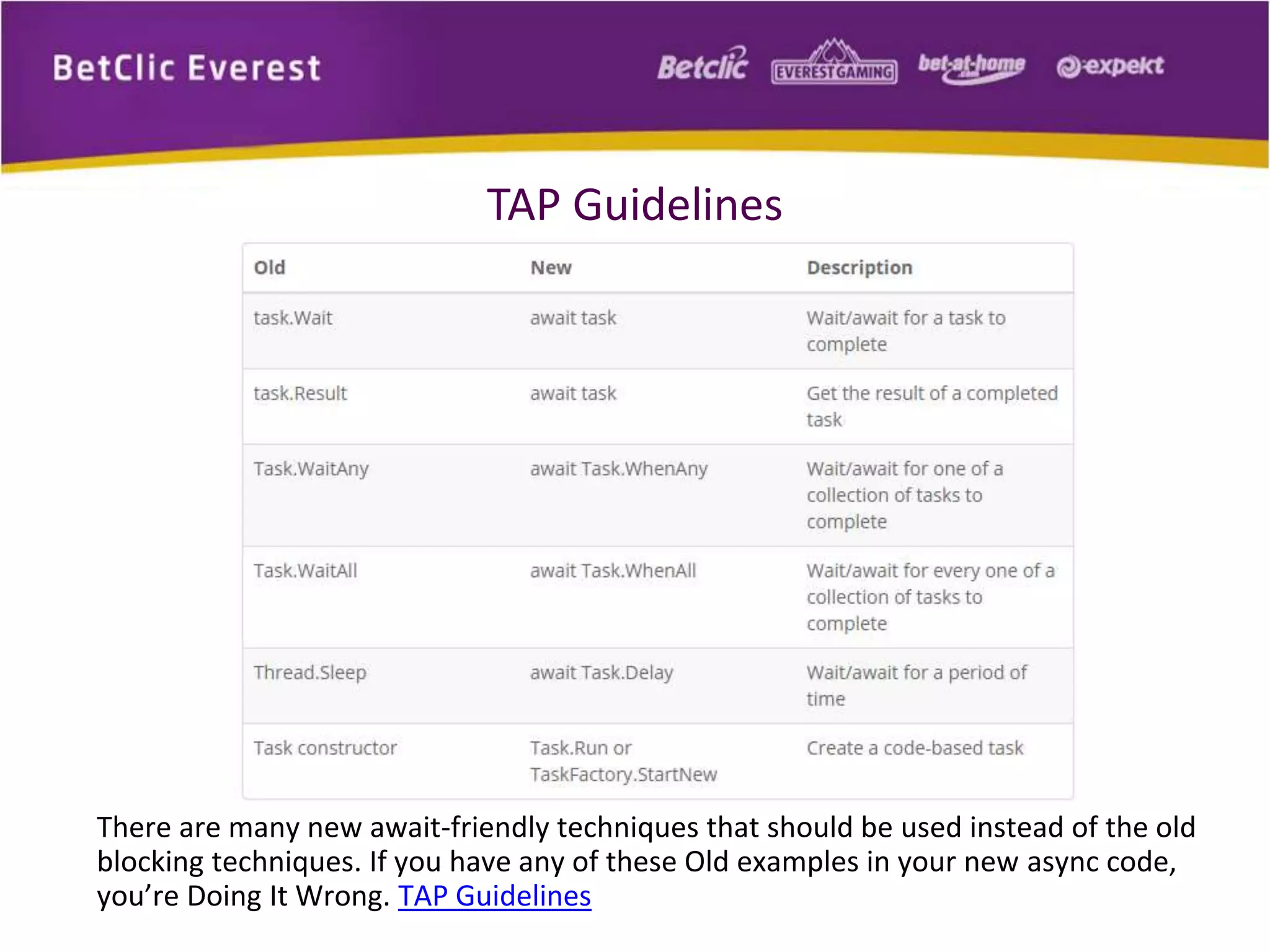 TAP Guidelines 
There are many new await-friendly techniques that should be used instead of the old 
blocking techniques. If you have any of these Old examples in your new async code, 
you’re Doing It Wrong. TAP Guidelines 
 
