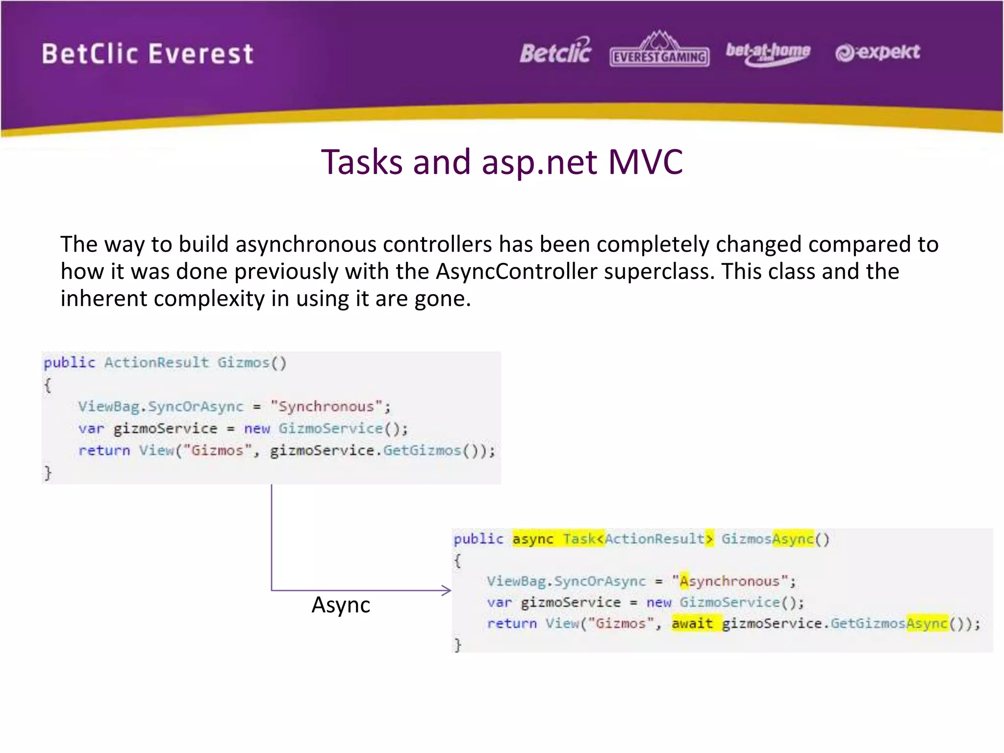 Tasks and asp.net MVC 
The way to build asynchronous controllers has been completely changed compared to 
how it was done previously with the AsyncController superclass. This class and the 
inherent complexity in using it are gone. 
Async 
 