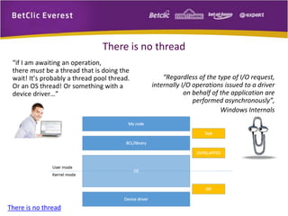 There is no thread 
“if I am awaiting an operation, 
there must be a thread that is doing the 
wait! It’s probably a thread pool thread. 
Or an OS thread! Or something with a 
device driver…” 
There is no thread 
“Regardless of the type of I/O request, 
internally I/O operations issued to a driver 
on behalf of the application are 
performed asynchronously”, 
Windows Internals 
 