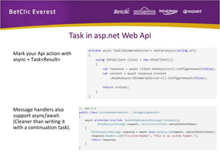 Task in asp.net Web Api 
Mark your Api action with 
async + Task<Result> 
Message handlers also 
support async/await. 
(Cleaner than writing it 
with a continuation task). 
 