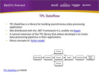 TPL Dataflow 
• TPL DataFlow is a library for building asynchronous data processing 
application 
• Not distributed with the .NET Framework 4.5, avaible via Nuget 
• A natural extension of the TPL library that allows developers to create 
data-processing pipelines in their applications 
• Many concepts of Actor model 
TPL Dataflow on MSDN 
 