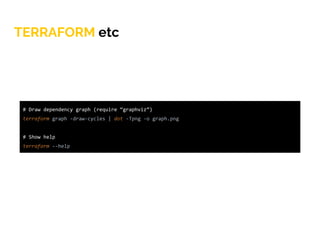 TERRAFORM etc
# Draw dependency graph (require “graphviz”)
terraform graph -draw-cycles | dot -Tpng -o graph.png
# Show help
terraform --help
 