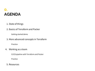 0.
AGENDA
1. State of things
2. Basics of Terraform and Packer
Getting started demo
3. More advanced concepts in Terraform
Practice
4. Working as a team
CI/CD pipeline with Terraform and Packer
Practice
5. Resources
 