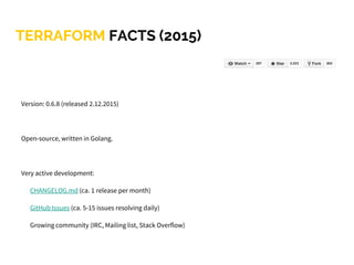 Version: 0.6.8 (released 2.12.2015)
Open-source, written in Golang.
Very active development:
CHANGELOG.md (ca. 1 release per month)
GitHub Issues (ca. 5-15 issues resolving daily)
Growing community (IRC, Mailing list, Stack Overflow)
TERRAFORM FACTS (2015)
 