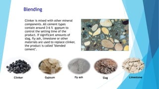 Blending
Clinker is mixed with other mineral
components. All cement types
contain around 3-6 % gypsum to
control the setting time of the
product. If significant amounts of
slag, fly ash, limestone or other
materials are used to replace clinker,
the product is called "blended
cement".
Gypsum
Clinker fly ash Limestone
Slag
 