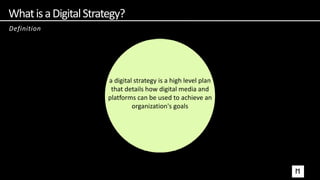 WhatisaDigitalStrategy?
Definition
a digital strategy is a high level plan
that details how digital media and
platforms can be used to achieve an
organization's goals
 