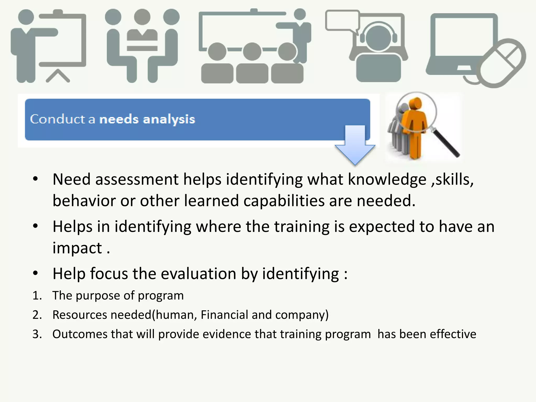 • Need assessment helps identifying what knowledge ,skills,
behavior or other learned capabilities are needed.
• Helps in identifying where the training is expected to have an
impact .
• Help focus the evaluation by identifying :
1. The purpose of program
2. Resources needed(human, Financial and company)
3. Outcomes that will provide evidence that training program has been effective
 
