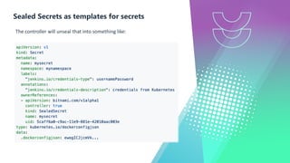 Sealed Secrets as templates for secrets
The controller will unseal that into something like:
 