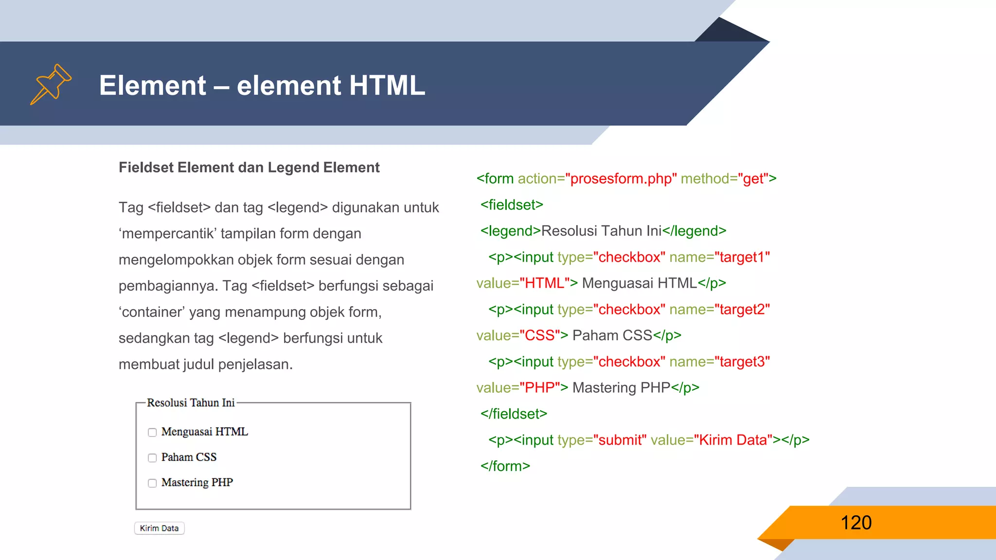 Fieldset Element dan Legend Element
Tag <fieldset> dan tag <legend> digunakan untuk
‘mempercantik’ tampilan form dengan
mengelompokkan objek form sesuai dengan
pembagiannya. Tag <fieldset> berfungsi sebagai
‘container’ yang menampung objek form,
sedangkan tag <legend> berfungsi untuk
membuat judul penjelasan.
Element – element HTML
120
<form action="prosesform.php" method="get">
<fieldset>
<legend>Resolusi Tahun Ini</legend>
<p><input type="checkbox" name="target1"
value="HTML"> Menguasai HTML</p>
<p><input type="checkbox" name="target2"
value="CSS"> Paham CSS</p>
<p><input type="checkbox" name="target3"
value="PHP"> Mastering PHP</p>
</fieldset>
<p><input type="submit" value="Kirim Data"></p>
</form>
 