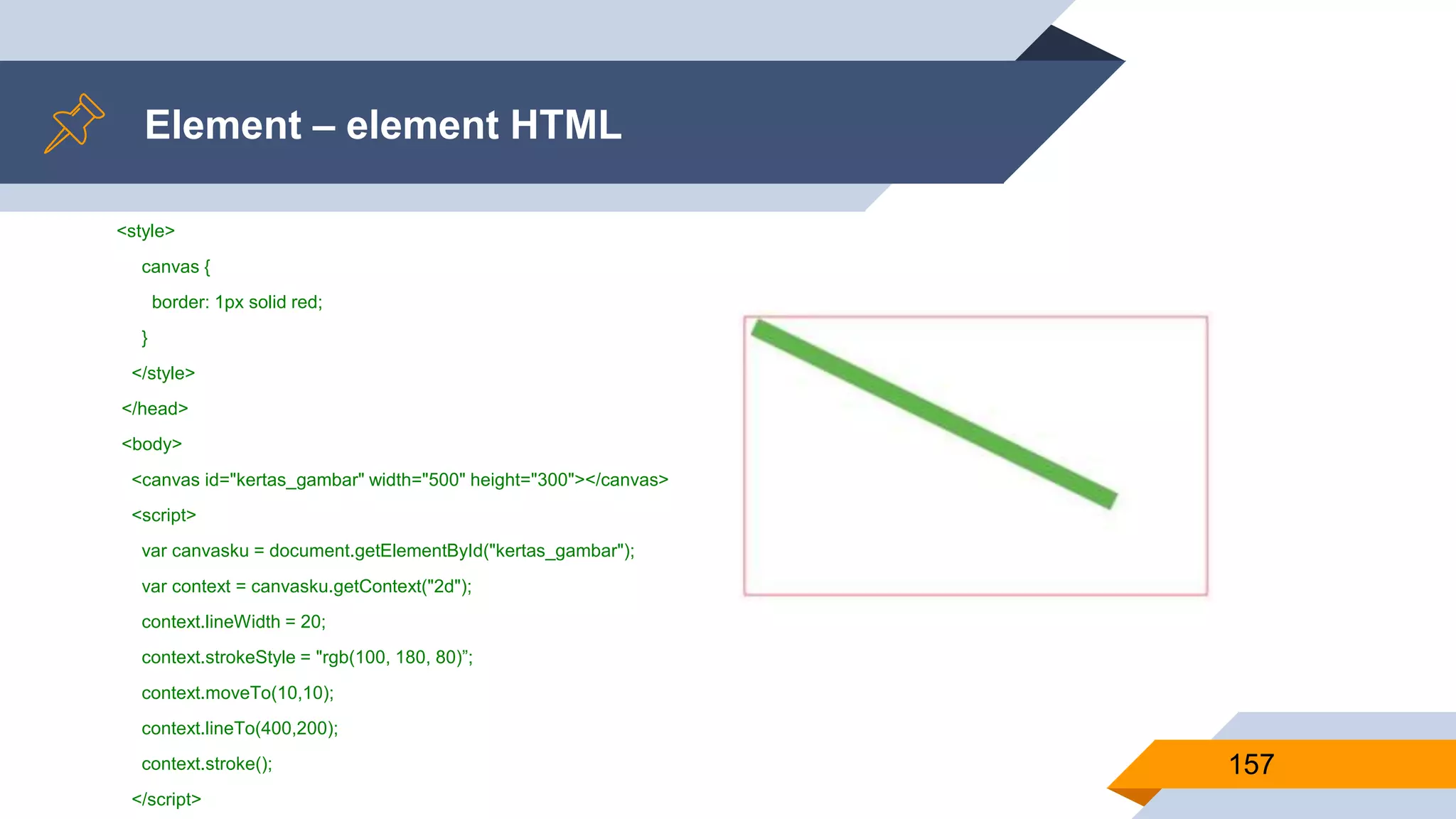 <style>
canvas {
border: 1px solid red;
}
</style>
</head>
<body>
<canvas id="kertas_gambar" width="500" height="300"></canvas>
<script>
var canvasku = document.getElementById("kertas_gambar");
var context = canvasku.getContext("2d");
context.lineWidth = 20;
context.strokeStyle = "rgb(100, 180, 80)”;
context.moveTo(10,10);
context.lineTo(400,200);
context.stroke();
</script>
Element – element HTML
157
 