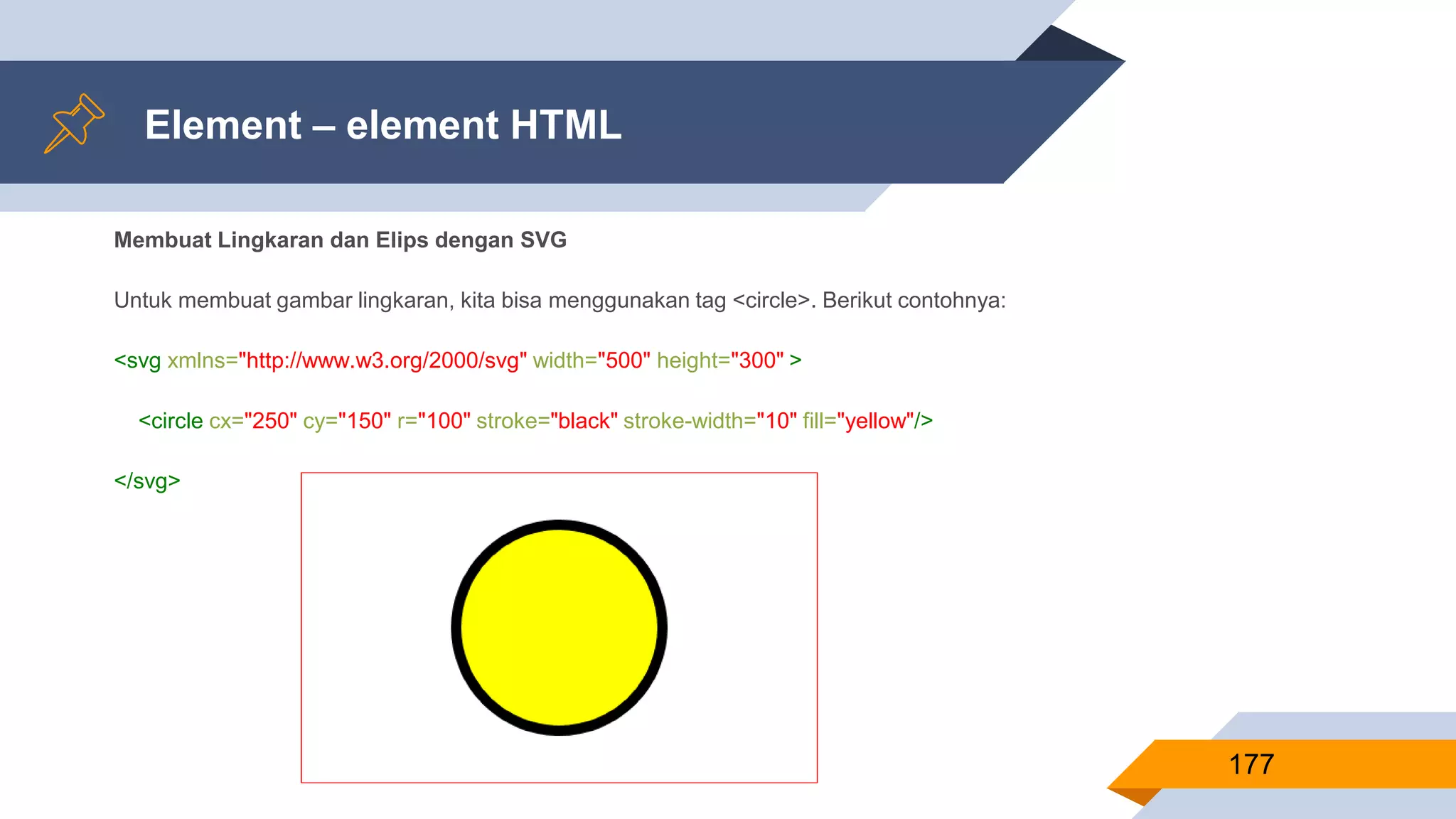 Membuat Lingkaran dan Elips dengan SVG
Untuk membuat gambar lingkaran, kita bisa menggunakan tag <circle>. Berikut contohnya:
<svg xmlns="http://www.w3.org/2000/svg" width="500" height="300" >
<circle cx="250" cy="150" r="100" stroke="black" stroke-width="10" fill="yellow"/>
</svg>
Element – element HTML
177
 
